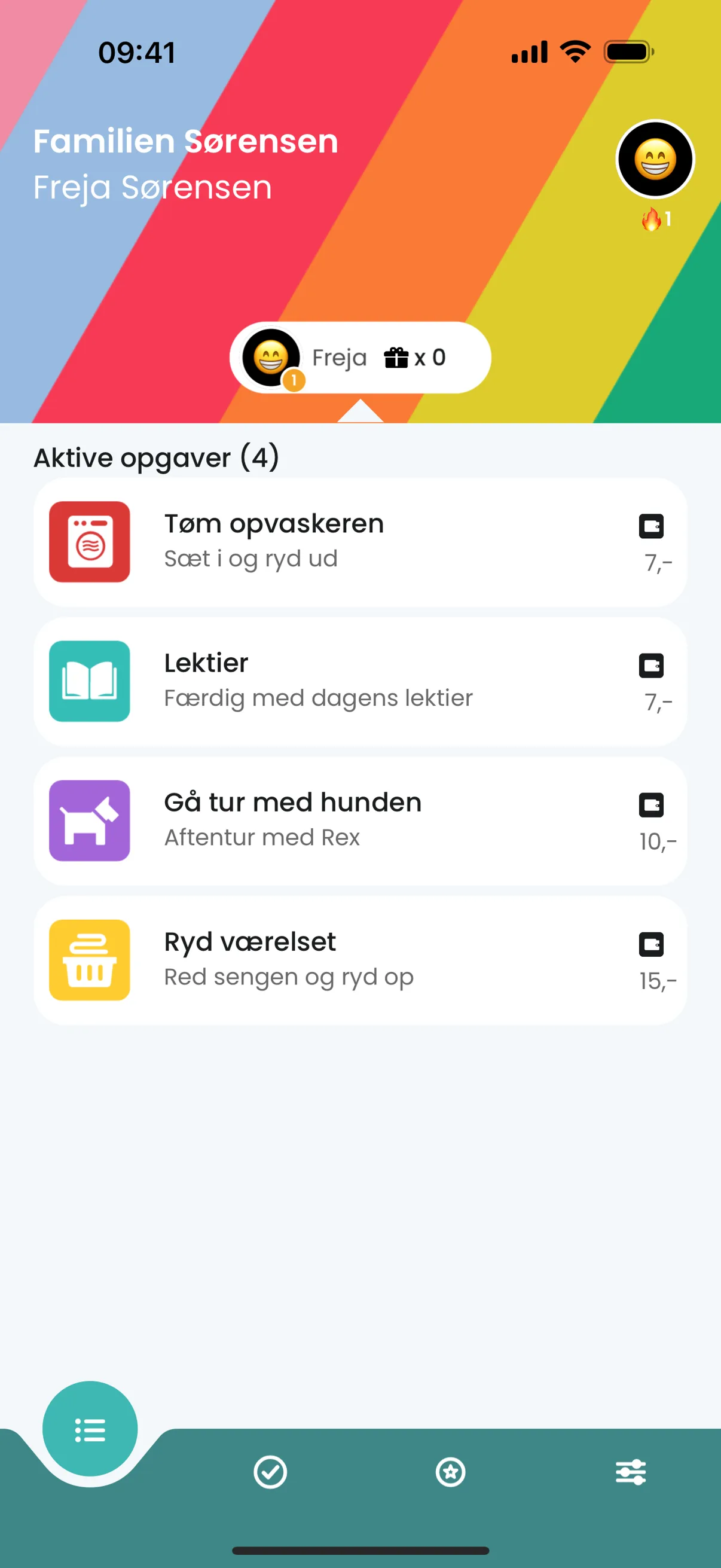Ugepenge-appen på iPhone med opgaveliste og farverige ikoner til daglige opgaver.