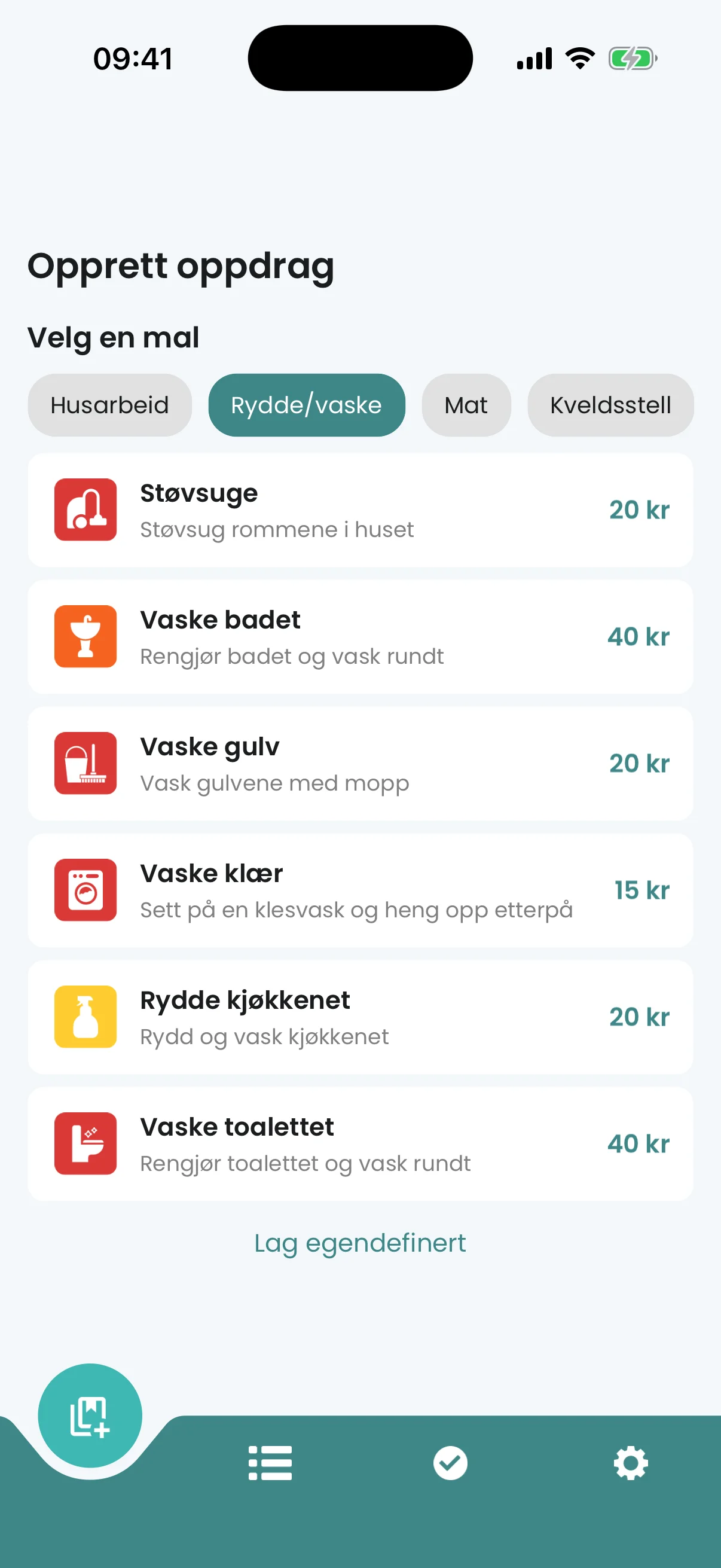 Ukelønn-appen — malvelger med fargerike kategori-ikoner for ulike oppdragstyper.
