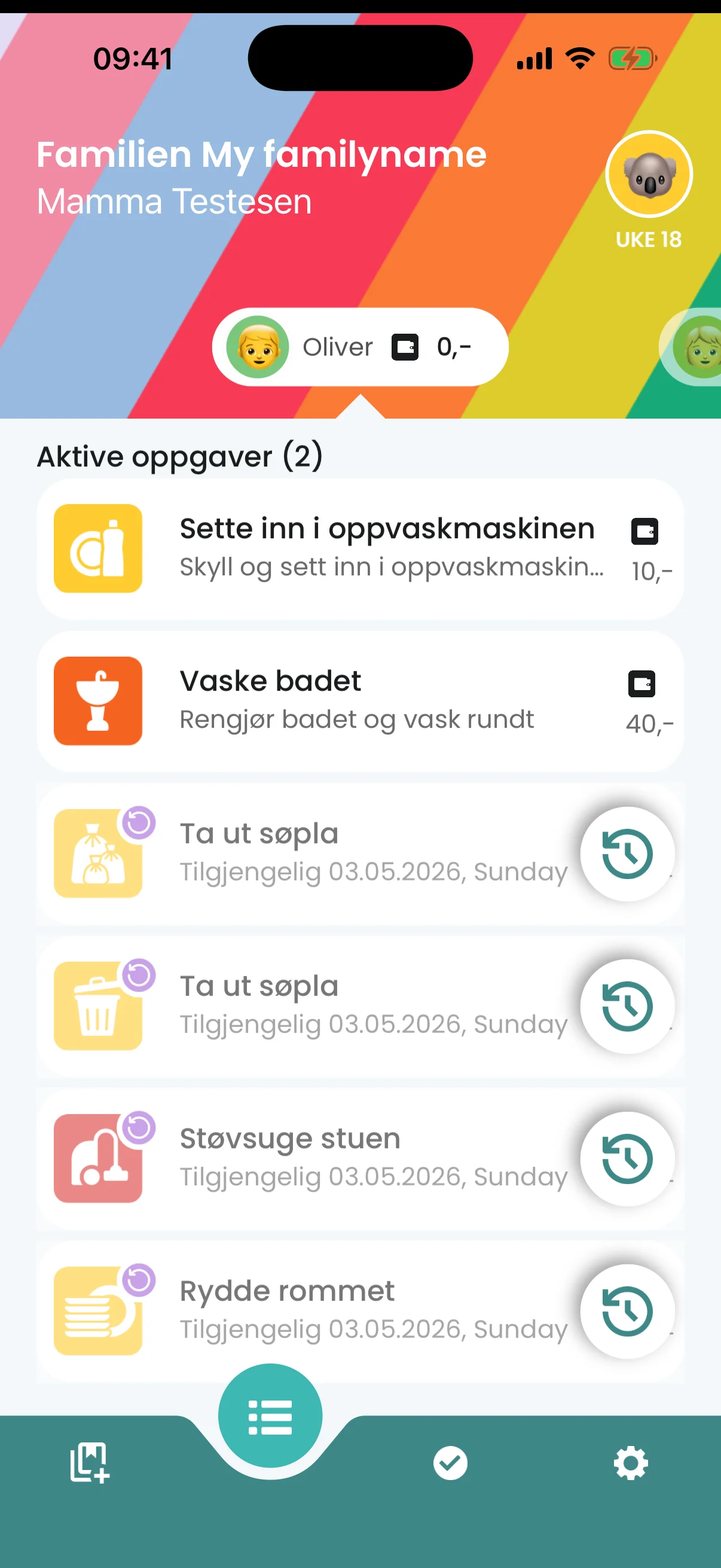 Ukelønn app shown on iPhone with chore list and colorful icons for everyday chores.