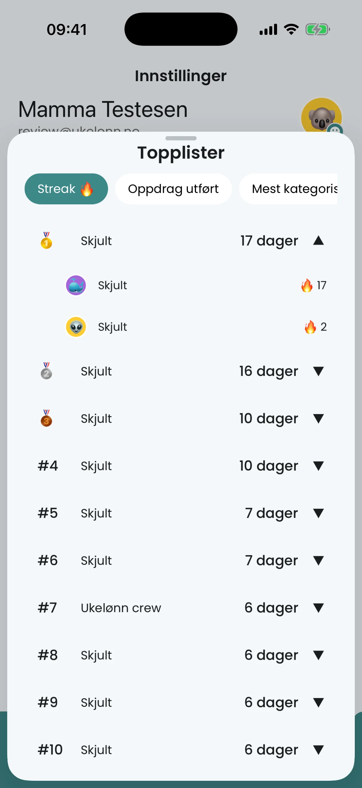 Streak-toppliste med 🔥-emoji og rangering: 17 dager på topp, så 16 og 10 dager