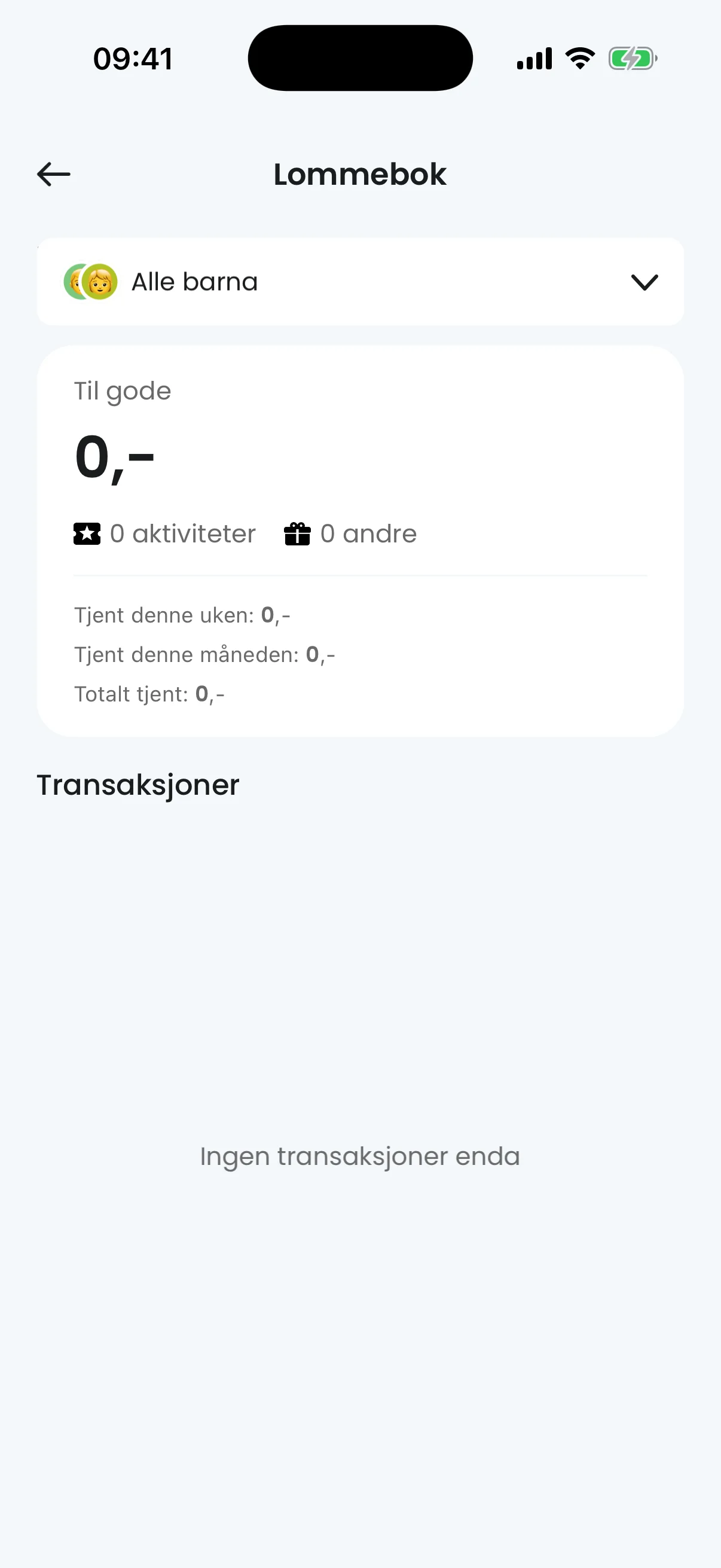 Lommebok med saldo, transaksjoner og oversikt over tjente kroner per uke og måned
